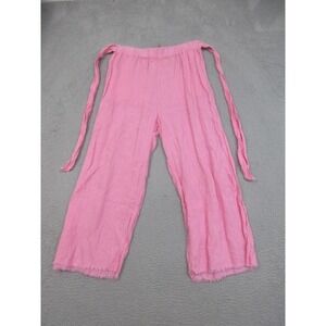 Zara Pants Womens Large Pink Linen Wide Leg Cropped Fringe Hem Drawstring Boho